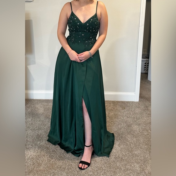 empire waist formal dress plus size Green Prom Dress 2024 Spaghetti Straps Ruched Satin with Slit 10 / Custom Color